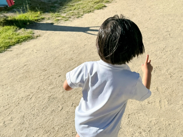 公園を走る3歳の男の子の後ろ姿